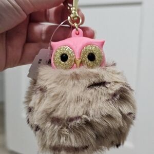BBW Pink Owl Keychain with Faux Fur Pom Hand Sanitizer Holder